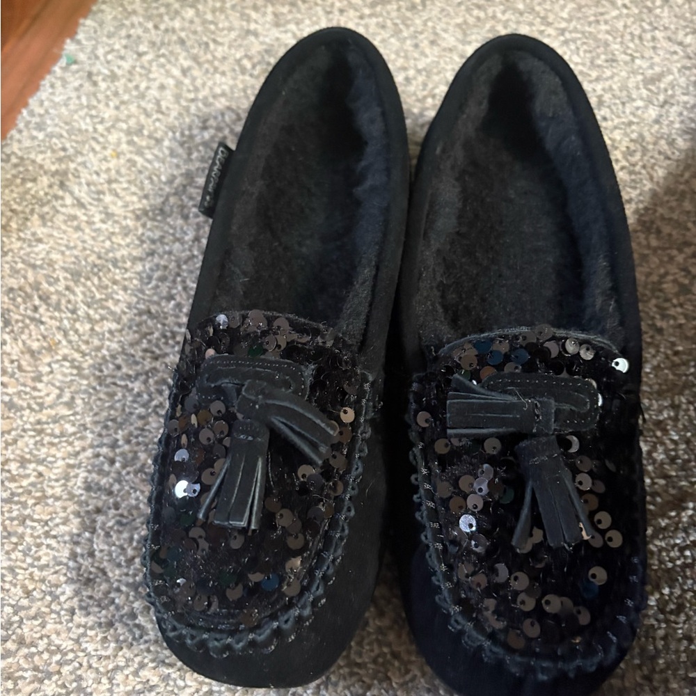 Bear Paw Black Sequin Slippers with Tassels - New in Box!